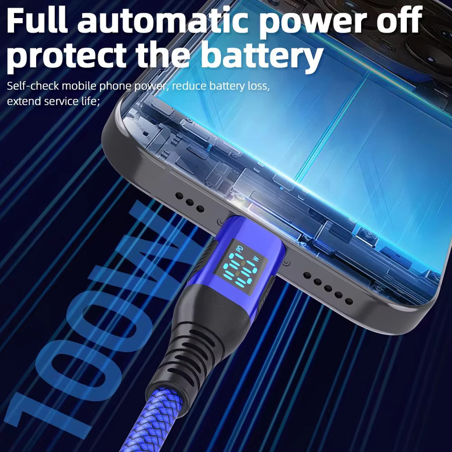 LAIHONEN USB C auf USB C Kabel mit LED-Anzeige, geflochtenes Nylon PD Schnellladekabel für iPhone 15 Pro und Samsung, Blau, 100 W - Bild 4