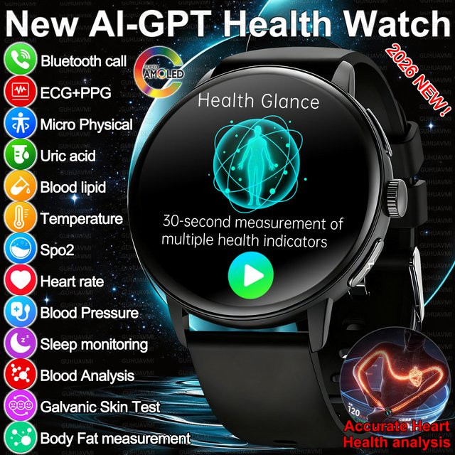 GUHUAVMI Smartwatch für Herren mit KI-gestützter Präzisionsdiagnose, HD AMOLED-Bildschirm, EKG-Messung, Blutdruck-, Harnsäure- und Körperfettmessung sowie Anruffunktion in Schwarz - Bild 1