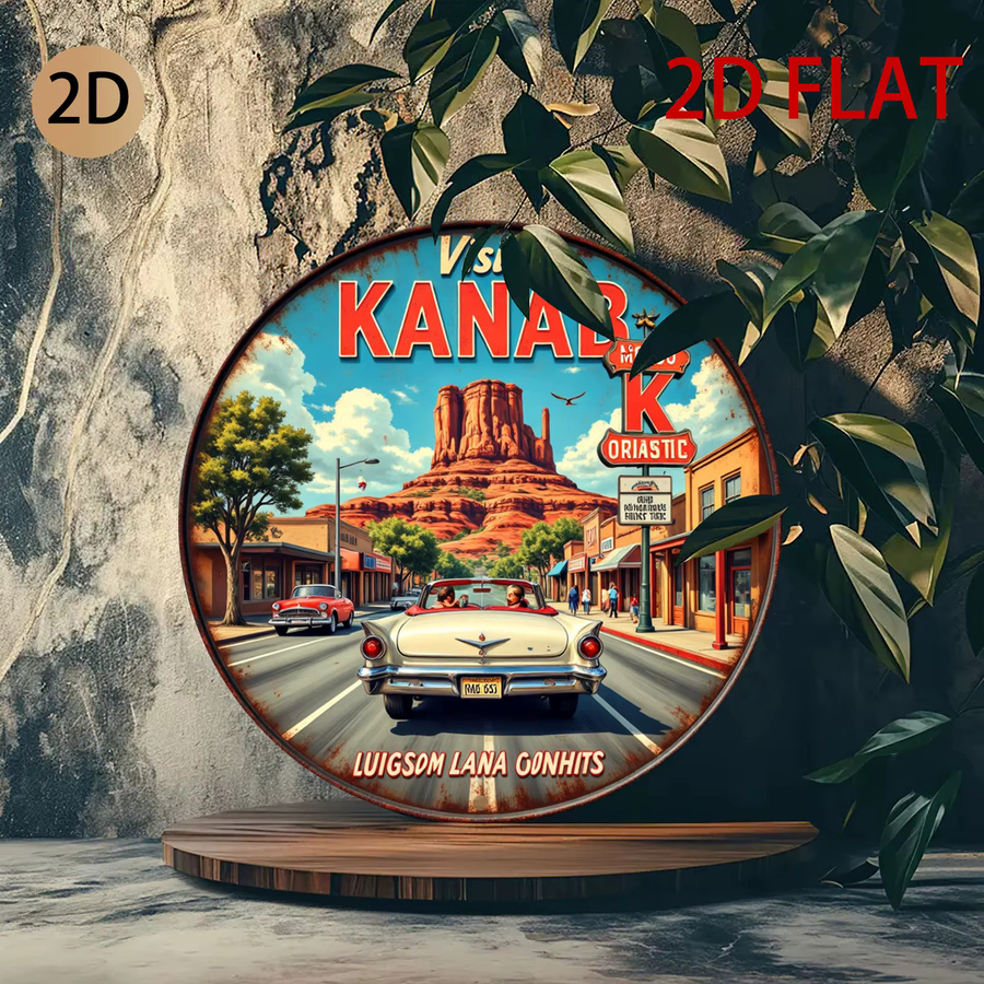 Rundes Vintage-Blechschild Potdemiel mit Straßenszene im Auto-Thema, Mehrfarbig, Durchmesser: 20 cm - Bild 3