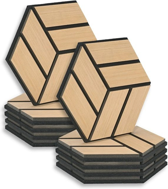 Homestyle4u Akustikpaneele Hexagon Wandpaneele aus Holz und Filz in Braun, 10 Stück, B: 30 cm, H: 26 cm - Bild 1