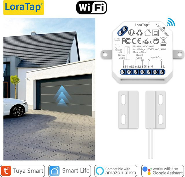 LoraTap Tuya Wireless Garagentoröffner Controller Schalter in Weiß, kompatibel mit Google Alexa und Smart Home Systemen - Bild 1