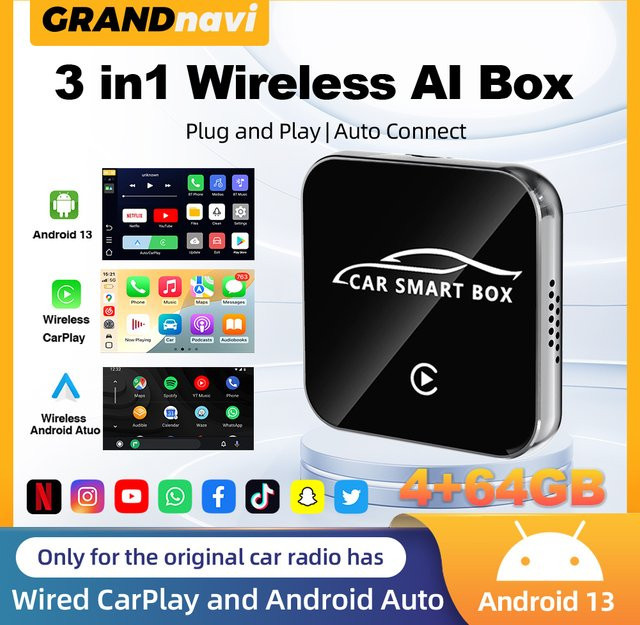 Grandnavi 3in1 CarPlay Ai Box mit Android 13, Wireless CarPlay und Android Auto, 4 Kerne, 4 GB RAM, 64 GB ROM, Schwarz - Bild 1