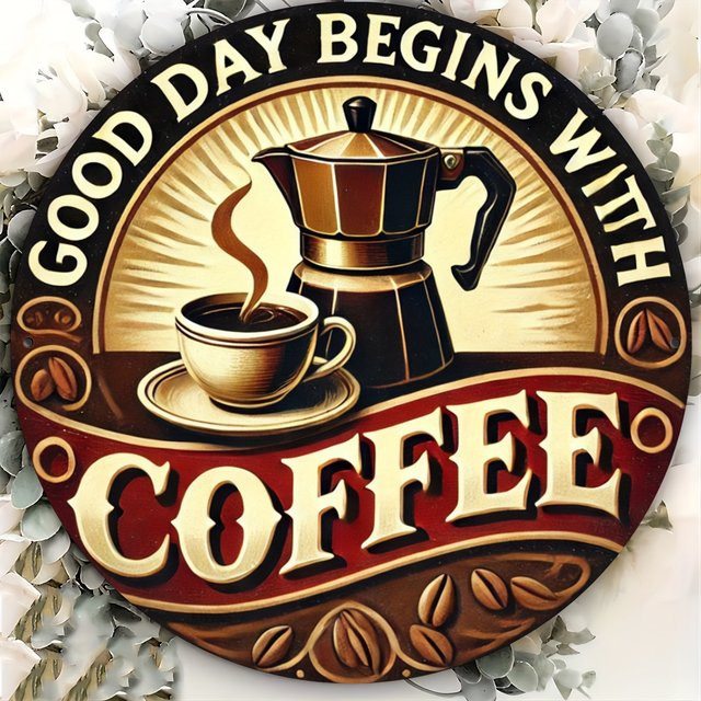 Dekoratives Metallschild Potdemiel Guten Tag beginnt mit Kaffee in Multicolour, rund, B/H: 20,3 x 20,3 cm - Bild 1
