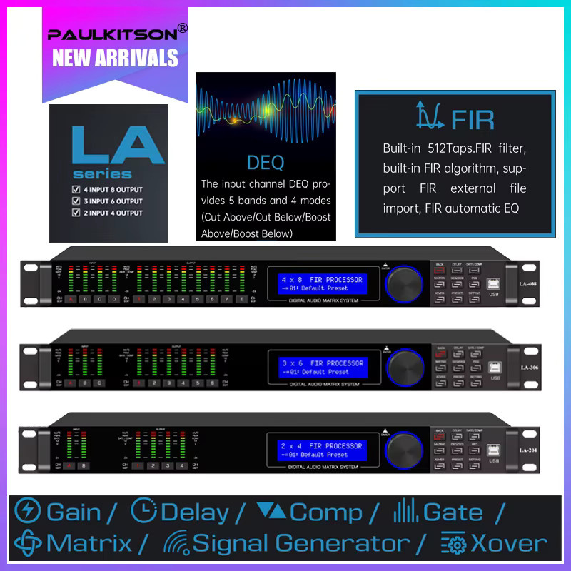 PAULKITSON LA408 4-In 8-Out FIR Audio-Prozessor in Schwarz mit Gain Delay Comp Gate Matrix Xover für Bühnen-Live-Shows und KTV-Soundsysteme - Bild 2
