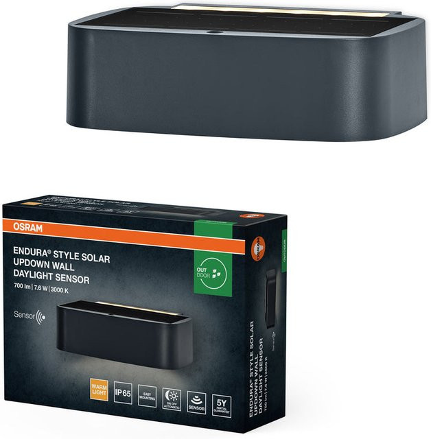 Osram Endura Style Solar LED Wandleuchte Updown in Schwarz mit 520 lm, 3000K Warmweiß, Tageslichtsensor und IP65 Schutzklasse - Bild 1