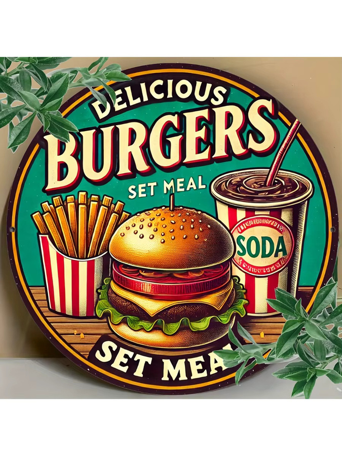 Potdemiel Metallschild Delicious Burgers im Vintage-Stil, runde Aluminium-Wandkunst, Mehrfarbig, Durchmesser: 20,3 cm - Bild 6