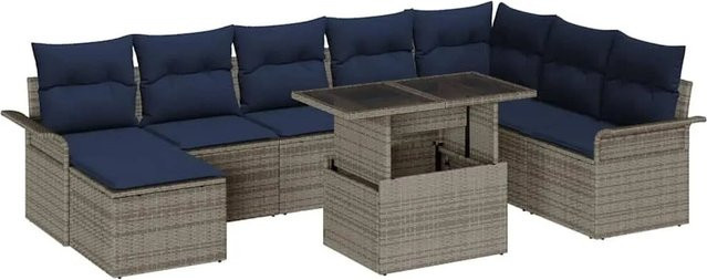 vidaXL Gartensofa-Set aus Poly Rattan in Grau-Blau mit 9 Kissen und Tisch in U-Form - Bild 1
