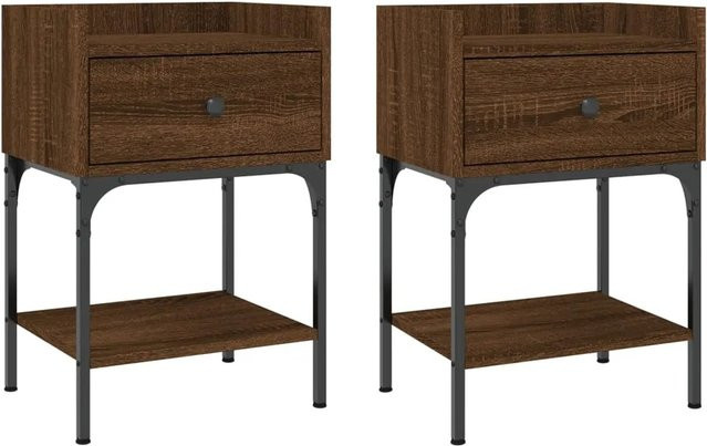 vidaXL Nachttische 2er Set Braun Eichen-Optik aus Holzwerkstoff und Eisen, B/T/H: 40,5 x 31 x 60 cm - Bild 1