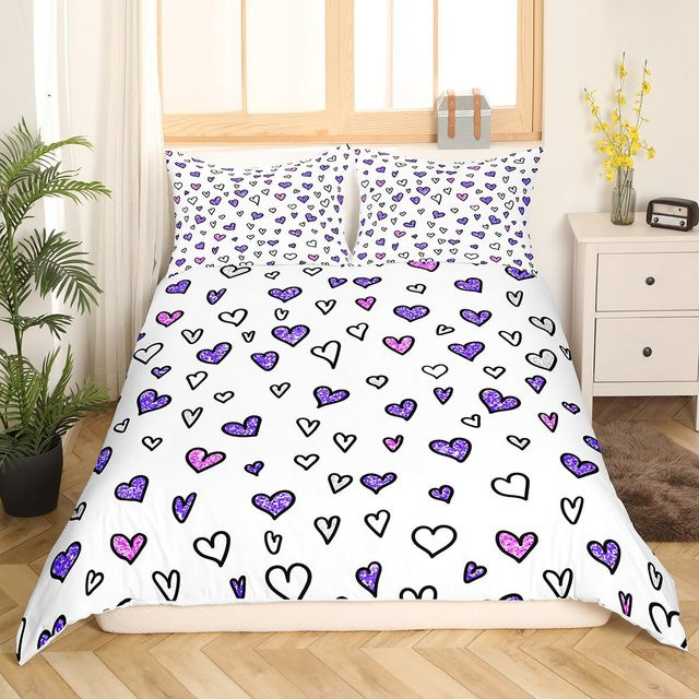 Lodestar Bettwäsche Set Valentinstag mit Herz-Doodle in Lila, Rot und Weiß, 3-teilig aus Mikrofaser, B/H: 140 x 200 cm - Bild 1