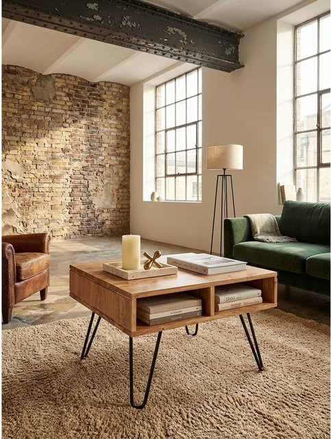 KADIMA DESIGN Couchtisch aus Akazie Massivholz und Metall, quadratisch, Braun, B/T/H: 60 x 60 x 40 cm - Bild 1
