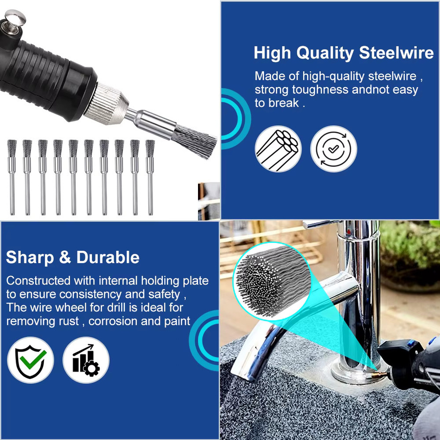 XCAN Stahldraht-Radbürsten-Set aus Edelstahl in Silber mit 3,0 mm Schaft für Mini-Bohrer und Dremel-Rotationswerkzeuge - Bild 2