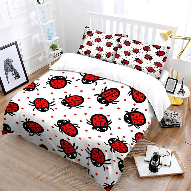 Flylo Bettwäsche-Set mit Marienkäfer und rotem Polka-Dot-Muster, 1 Bettbezug und 2 Kissenbezüge, Rot-Weiß, B/H: 173 x 218 cm - Bild 1