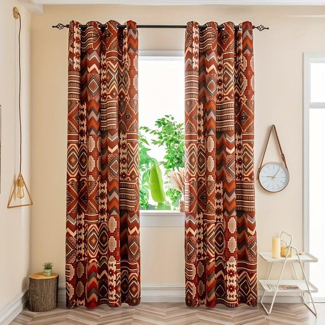 2-teiliges Yiran Furniture Fenstervorhang-Set mit Vintage-Bohemia-Print, halbtransparent, B: 70 cm, H: 185 cm - Bild 1