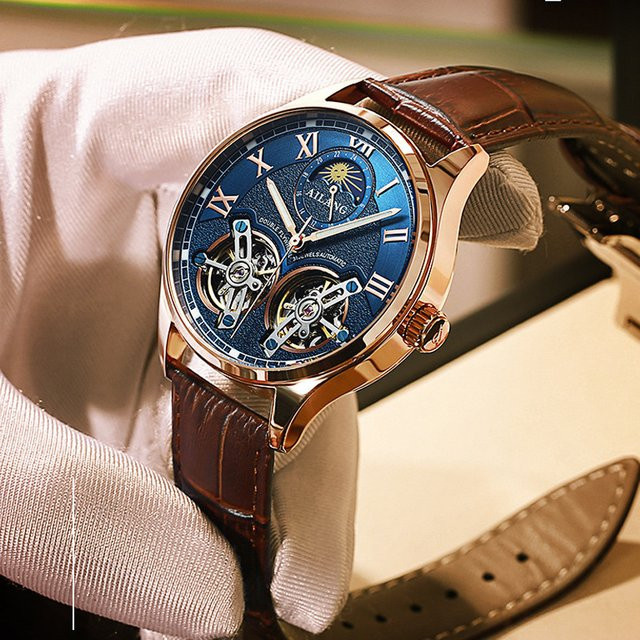 AILANG Armbanduhr Automatik, Doppel Tourbillon, Roségold, Edelstahl, Leder, Blau, Herren - Bild 1