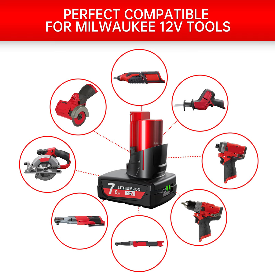 Milwaukee M12 Li-Ion Akku 12 V mit 7000 mAh in Rot für M12 B2 M12 XC Werkzeuge - Bild 4