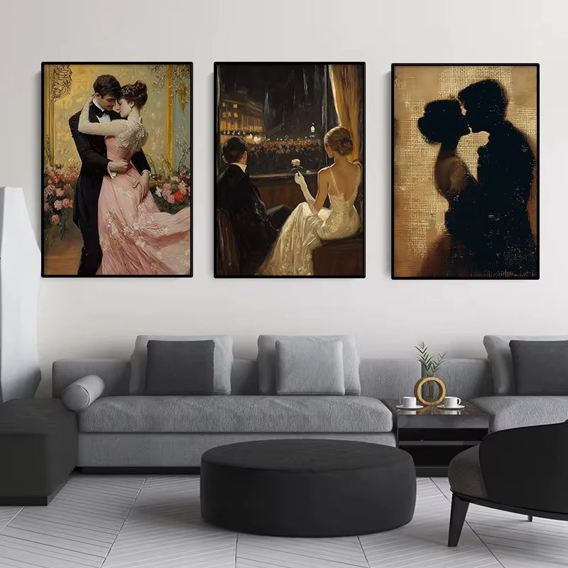 Vintage Leinwandgemälde Potdemiel Braut und Bräutigam Romantisches Paar in küssender Szene als mehrfarbige Wandkunst für dein Zuhause - Bild 2