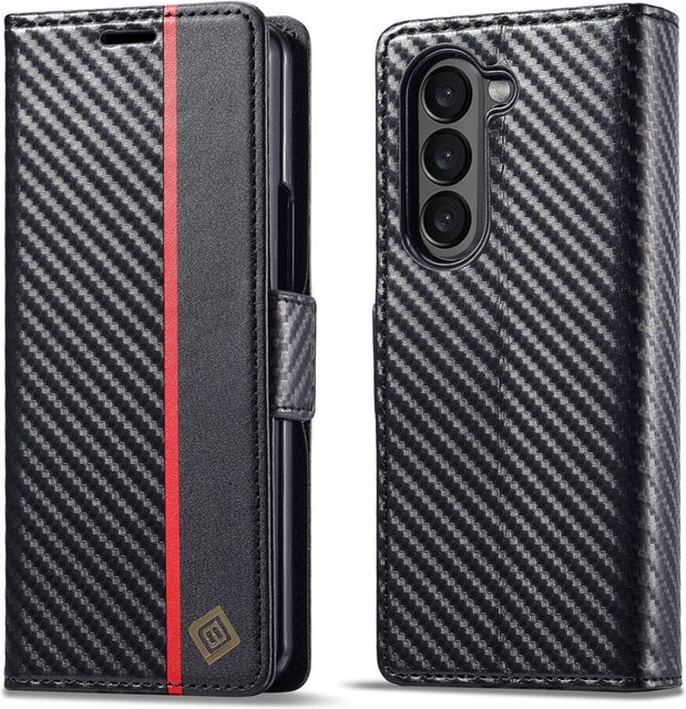 Flip Wallet Handyhülle mit Kartenhalter aus Carbonfaser und PU Leder für Samsung Galaxy Z Fold 7 6 5 4 3 5G in Schwarz - Bild 1