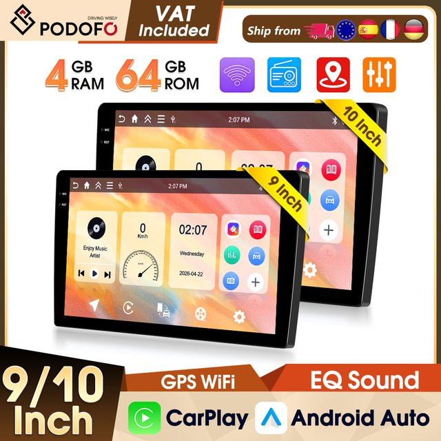 Podofo Universelles Autoradio mit 9,5 Zoll Display, 4GB RAM + 64GB Speicher, kabelloses CarPlay, Android Auto, WIFI, GPS, Bluetooth und FM RDS in Schwarz - Bild 1