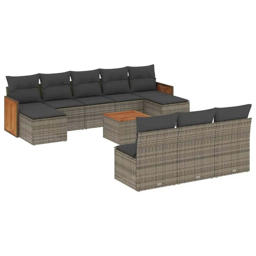 vidaXL 11-teilige Garten-Sofagarnitur aus Poly-Rattan und Akazienholz in Grau mit Kissen - Bild 2
