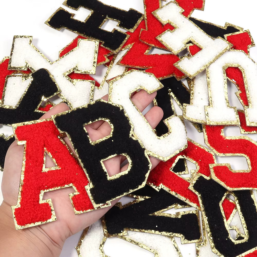 Selbstklebende Chenille-Patches mit englischen Buchstaben und Goldrand in 3 Farben, Größe: 8 cm, ideal für DIY-Handwerk und zur Dekoration von Kleidung und Taschen - Bild 3