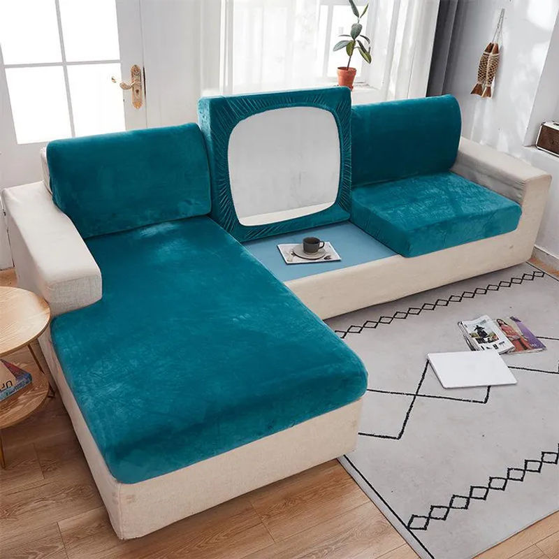 FebEr Samt-Sofa-Sitzbezug aus Jacquard in Blau, elastischer Stretch-Schonbezug für dein Sofa - Bild 2