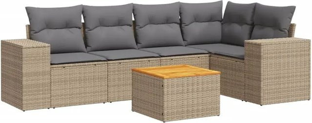 vidaXL 6-teilige Garten-Sofagarnitur in L-Form aus Poly-Rattan und pulverbeschichtetem Stahl mit Kissen in Beige-Grau - Bild 1