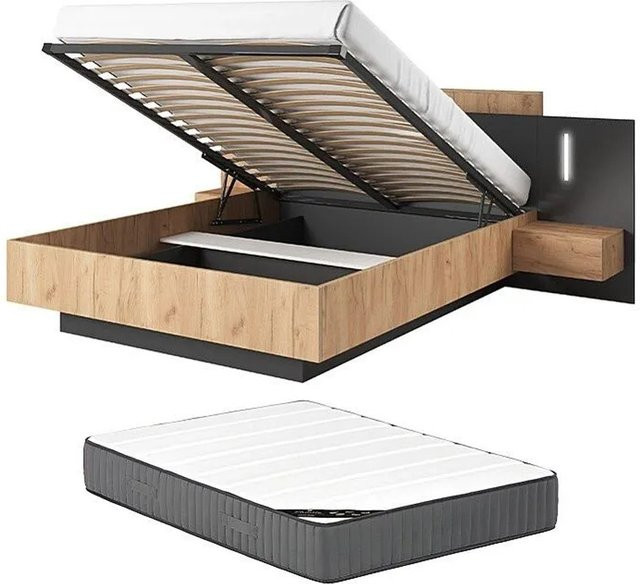 Vente-unique Bett Francoli mit Bettkasten in Anthrazitgrau und Natur, B/T/H: 264,4 x 140–160 x 218,2 cm - Bild 1