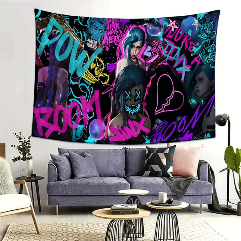 VIKAMA League of Legends Jinx Wandteppich im Neon-Graffiti-Cyberpunk-Stil, Mehrfarbiger Wandbehang für dein Gaming-Zimmer - Bild 4