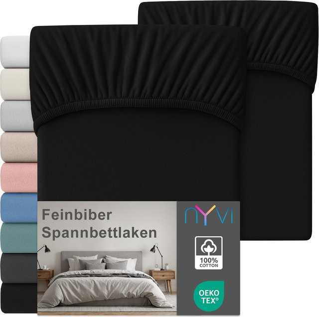 NYVI Feinbiber Spannbettlaken Deluxe 2er Set aus 100% Baumwolle, Schwarz, B/T: 140 x 200 cm, für Matratzen bis 25 cm Steghöhe, bügelfrei und vorgekrumpft - Bild 1