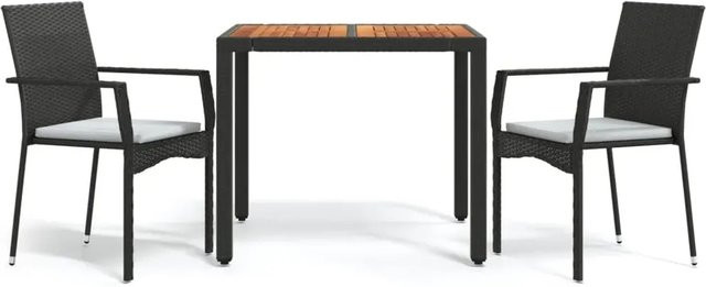 vidaXL 3-teilige Garten-Essgruppe aus Poly-Rattan und Akazienholz in Schwarz mit Kissen - Bild 1