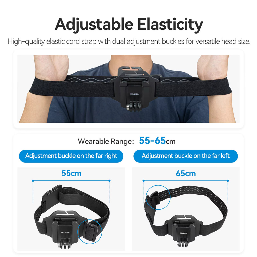 Andoer 2-in-1 Stirnband für Action-Kameras mit verstellbarem Kopfgurt und Schnellverschluss in Schwarz - Bild 5