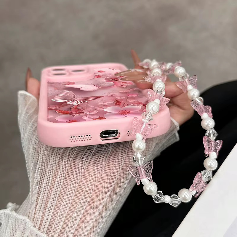 Handyhülle mit Blumen und Schmetterling Charm in Rosa für iPhone 11 bis iPhone 17 Pro Max, Silikon Soft Cover - Bild 3