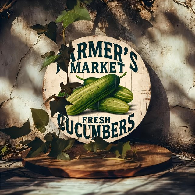 Potdemiel Rundes Aluminiumschild Farmer's Market Fresh Cucumbers Vintage Wandkunst Metall, Durchmesser: 19,81 cm, Mehrfarbig - Bild 1