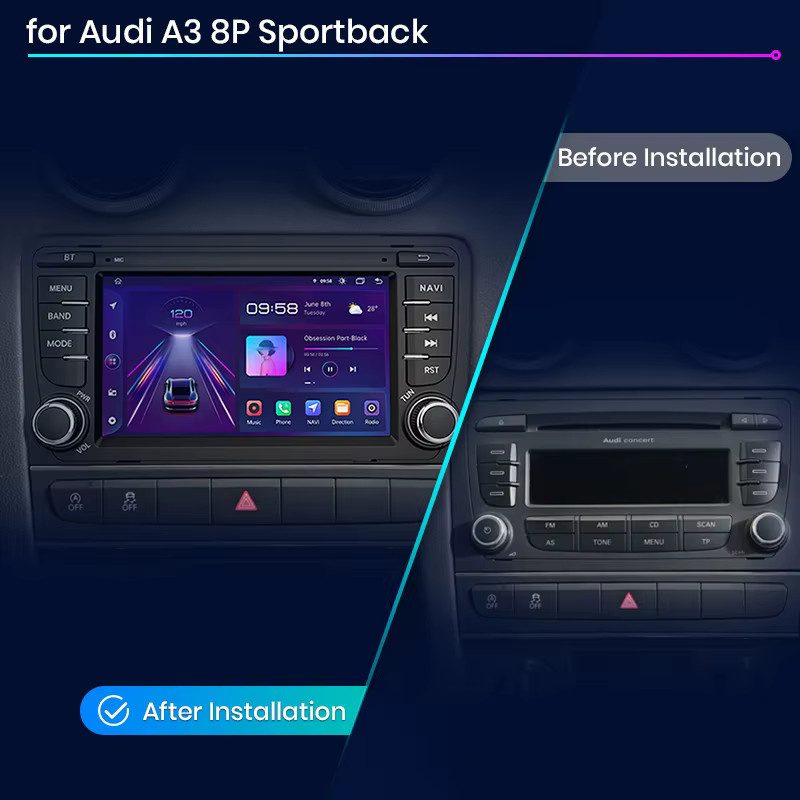 Junsun 7 Zoll Multimedia Autoradio mit drahtlosem CarPlay und Android Auto für Audi A3 8P S3 (2003-2012) in Schwarz mit GPS und WiFi - Bild 2