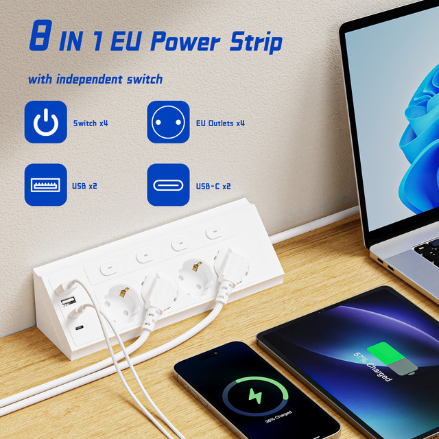 Guwansenen 8-in-1 EU-Steckdosenleiste mit 4 Schaltern, 4 AC-Steckdosen und 2 USB-C-Anschlüssen, 1,5 Meter Verlängerungskabel, Eck-Design - Bild 1
