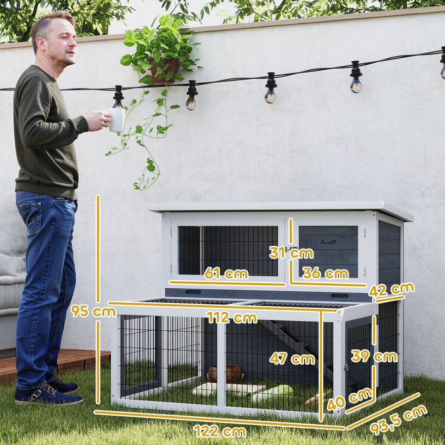 PawHut Hasenstall aus Vollholz in Grau mit 2 Ebenen, wetterfestem Doppelstockhaus und Freilaufgehege, B/T/H: 122 x 95 x 93,5 cm - Bild 4