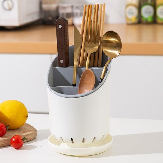 Besteck-Abtropfgestell mit Messer-, Gabel-, Löffelhalter und Abtropfschale von Big Tree Home Furnishings in Weiß aus Kunststoff - Bild 1