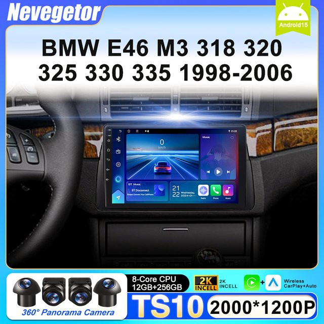 Nevegetor Android 15 Autoradio Stereo für BMW E46 M3 318/320/325/330/335 mit Carplay, GPS Navigation und 4G in Schwarz - Bild 1