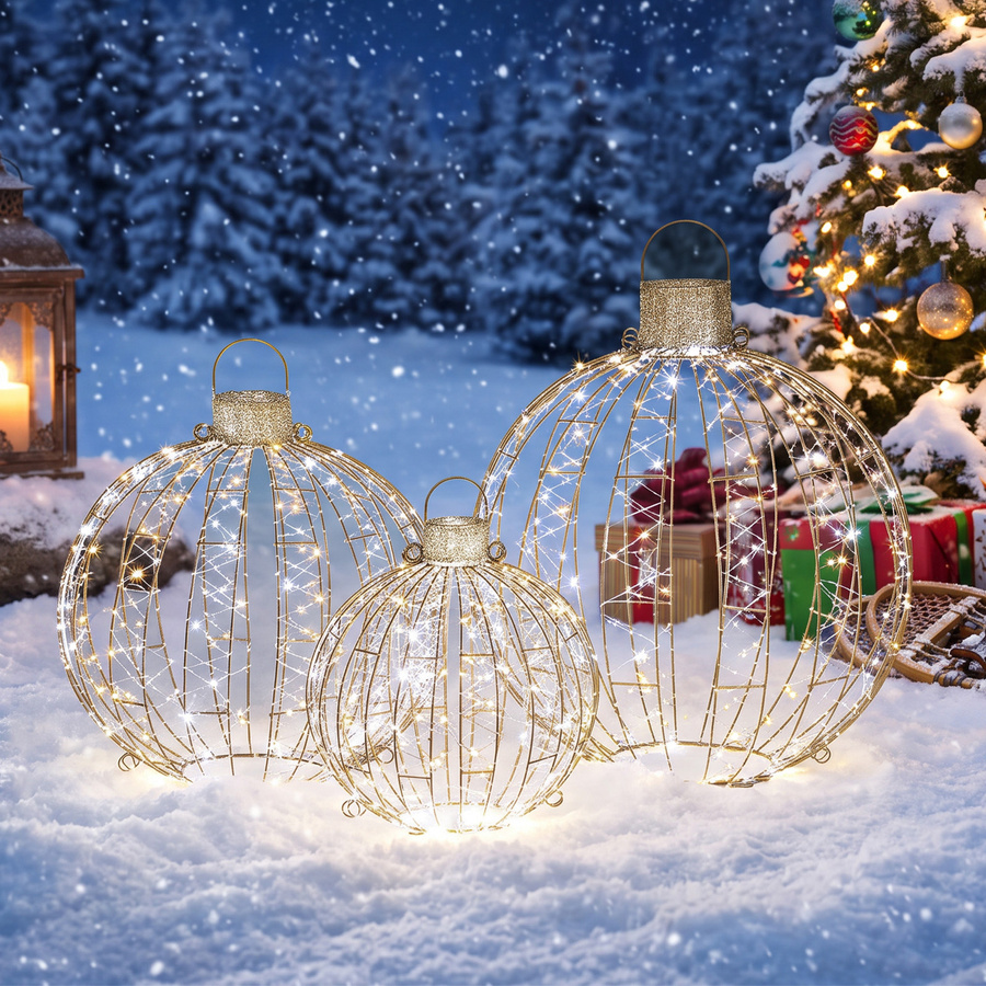 Outsunny Weihnachtsbeleuchtung Außen 3 Stück Hängende LED Kugeln in Gold/Messing mit 360 LEDs und Tages-Timer, Höhe: 60 cm, Aosom - Bild 2