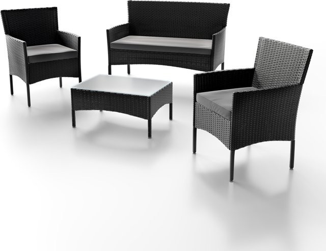 Juskys Polyrattan Gartenmöbel-Set Fort Myers in Schwarz mit Tisch, Sofa, 2 Stühlen und Auflagen in Dunkelgrau - Bild 1