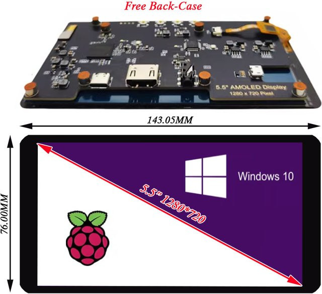 SURENOO 5,5 Zoll AMOLED LCD Modul Display mit 1280 x 720 HD Auflösung, HDMI-kompatibel, Schwarz, für Windows PC, Laptop und Raspberry Pi - Bild 1