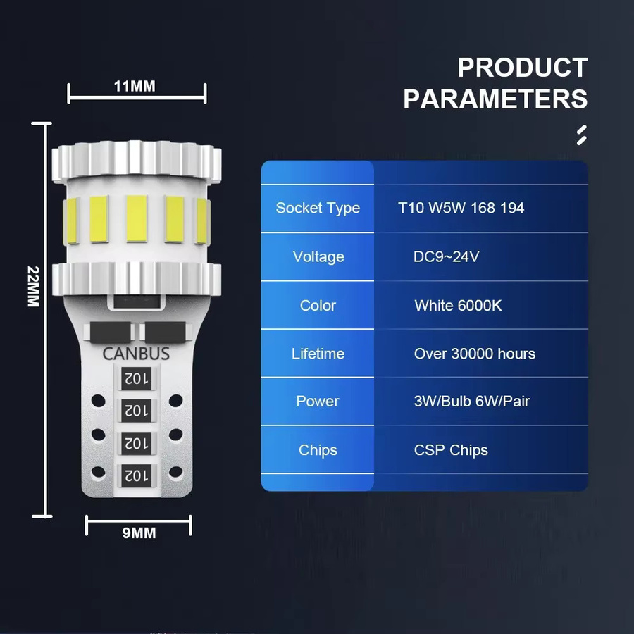 Roadsun T10 W5W 168 194 Canbus-LED-Lampen in Silber, 3400 Lumen, 6000 K Cool White, blinkende Kennzeichenbeleuchtung und Parklampe - Bild 6