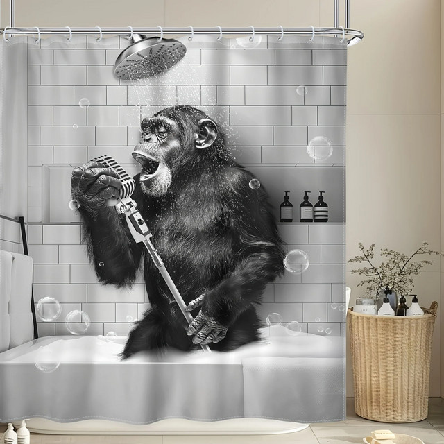 VIKAMA Vintage Schimpansen Duschvorhang wasserdicht mit Tier-Grafik, B/H: 180 x 90 cm - Bild 1