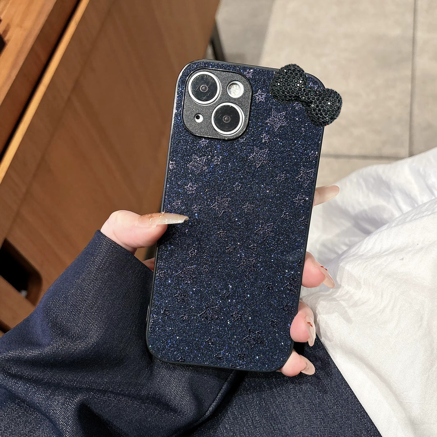Luxuriöse Handyhülle mit 3D-Diamant-Schleife und funkelnden Sternen für Apple iPhone 12 bis 17 Pro Max in Schwarz Matt - Bild 4