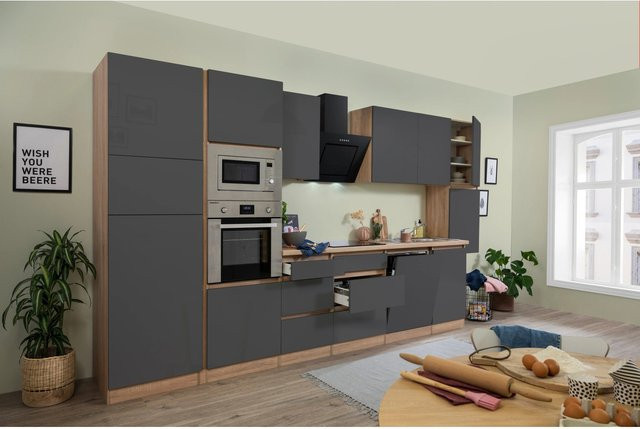 Respekta Premium Küchenzeile grifflos in Grau Hochglanz-Eiche Sägerau mit Soft-Close-Türen und integrierten Schubladen, B: 395 cm, H: 220,5 cm, T: 55,5 cm - Bild 1