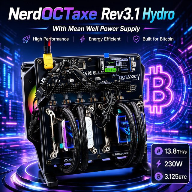 NerdOctaxe Rev3.1 Hydro Bitcoin Solo Miner Schwarz mit 13,8 Th/s und 230W Effizienz sowie Mean-Well-Netzteil - Bild 1