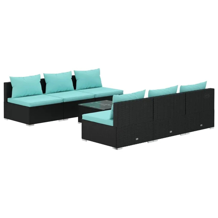vidaXL 7-tlg. Garten-Lounge-Set aus Poly Rattan in Schwarz mit blauen Auflagen und Couchtisch - Bild 2