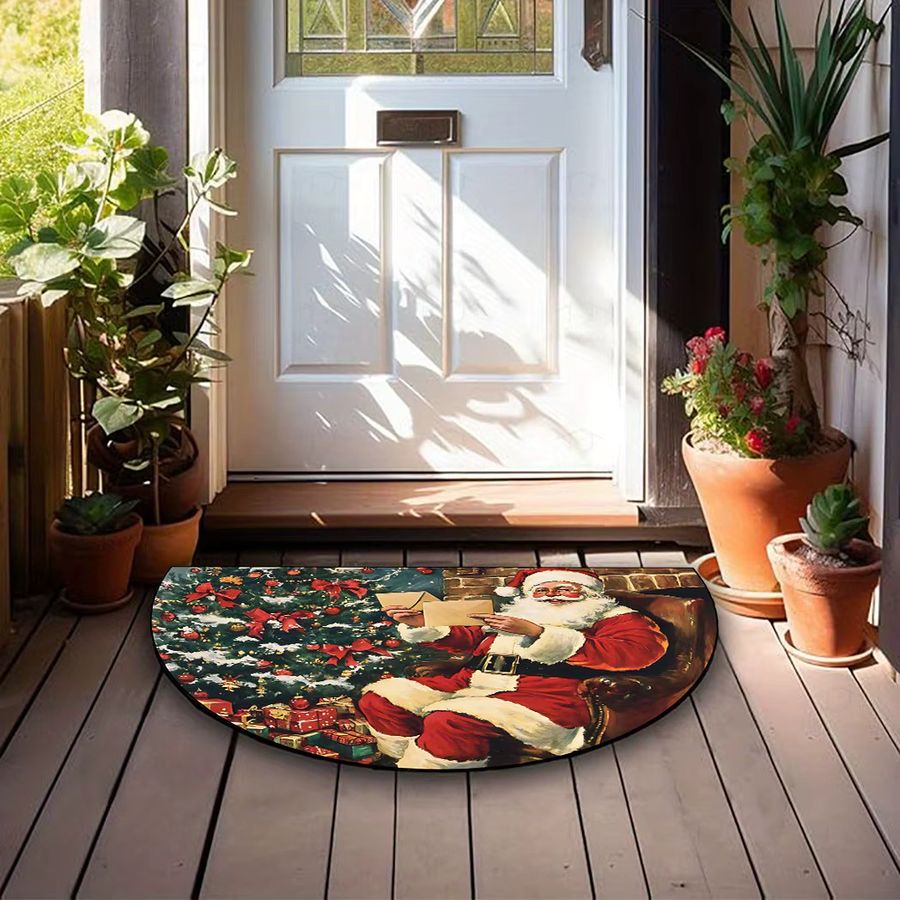 VIKAMA Weihnachtsteppich mit Weihnachtsmann Motiv, halbrunde Fußmatte, maschinenwaschbar, ideal für Veranda, Wohnzimmer, Schlafzimmer oder Badezimmer - Bild 4
