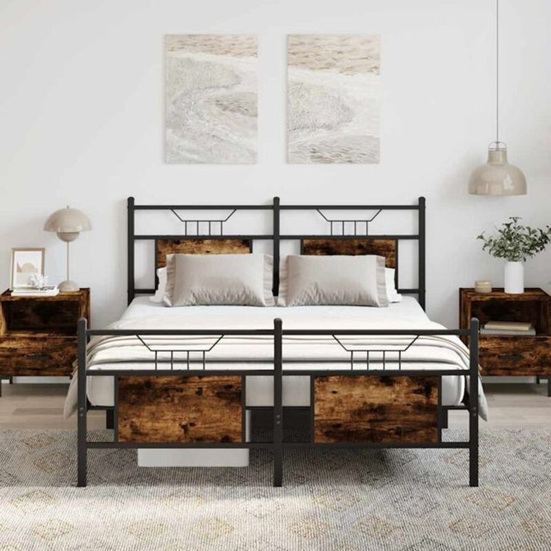 Bettgestell aus Holzwerkstoff und Stahl in Räuchereiche Braun von vidaxl, B/L: 140 x 190 cm - Bild 1