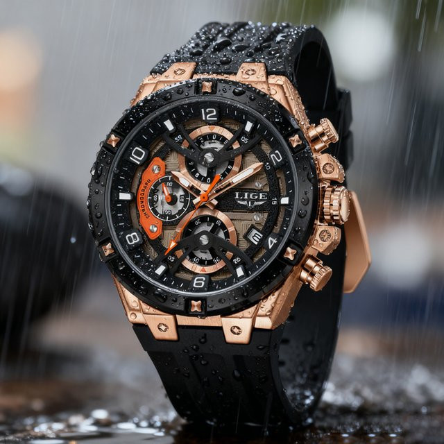 LIGE Armbanduhr Chronograph, Quarz, Silikonarmband, Herren, Schwarz - Bild 1